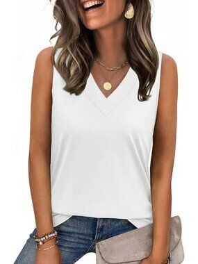 Women's Spring Summer V Neck White Loose Fit Sleeveless Tops Beach Vacation